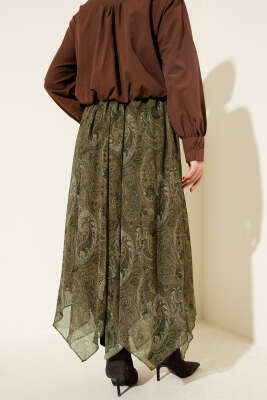 Retro Desen Asimetrik Şifon Etek Haki - Etek