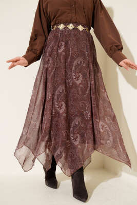 Retro Desen Asimetrik Şifon Etek Kahve - TEGOE