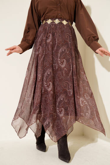 Retro Desen Asimetrik Şifon Etek Kahve - Etek