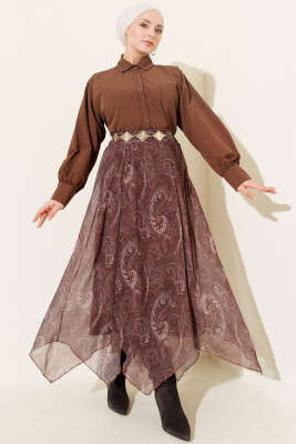 Retro Desen Asimetrik Şifon Etek Kahve - Etek