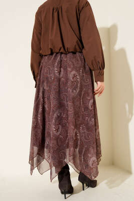 Retro Desen Asimetrik Şifon Etek Kahve - Etek