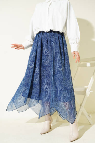 Retro Desen Asimetrik Şifon Etek Lacivert - Etek