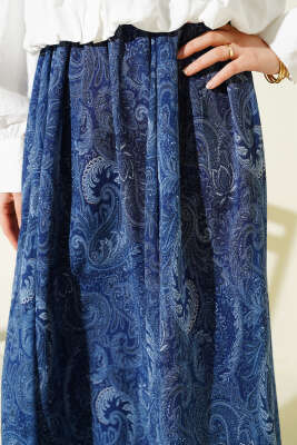 Retro Desen Asimetrik Şifon Etek Lacivert - Etek