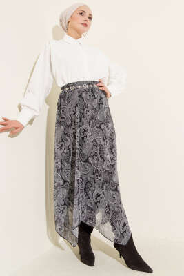 Retro Desen Asimetrik Şifon Etek Siyah - Etek