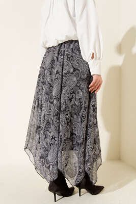 Retro Desen Asimetrik Şifon Etek Siyah - Etek