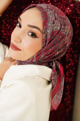 Retro Desen Bambu Kraş Eşarp Bordo 