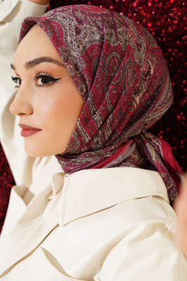 Retro Desen Bambu Kraş Eşarp Bordo - Günün Seçilenleri