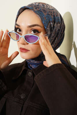 Retro Desen Bambu Kraş Eşarp İndigo 