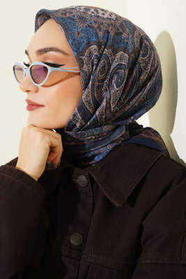 Retro Desen Bambu Kraş Eşarp İndigo - Günün Seçilenleri