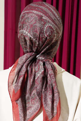 Retro Desen Bambu Kraş Eşarp Kiremit - Günün Seçilenleri