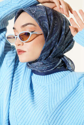 Retro Desen Bambu Kraş Eşarp Lacivert 