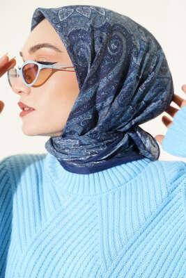 Retro Desen Bambu Kraş Eşarp Lacivert - Günün Seçilenleri