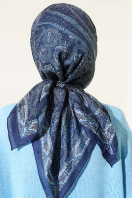 Retro Desen Bambu Kraş Eşarp Lacivert - Günün Seçilenleri