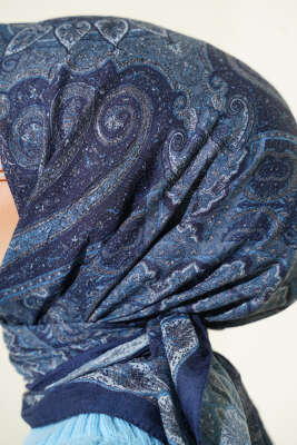 Retro Desen Bambu Kraş Eşarp Lacivert - Günün Seçilenleri