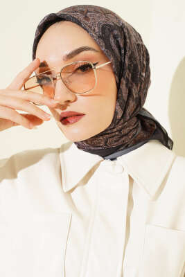 Retro Desen Bambu Kraş Eşarp Siyah Camel 