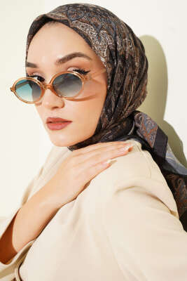 Retro Desen Bambu Kraş Eşarp Siyah Gri 