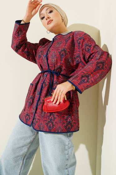 Retro Desen Çıtçıtlı Kapitone Ceket Bordo - Ceket