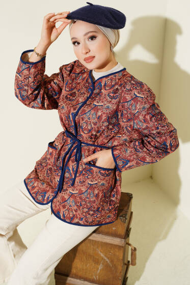 Retro Desen Çıtçıtlı Kapitone Ceket Kahve - Ceket