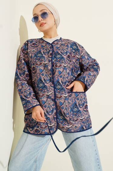 Retro Desen Çıtçıtlı Kapitone Ceket Lacivert - Ceket