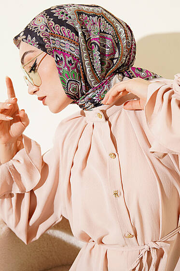 Retro Desen Elegance Eşarp Bej - Başörtüsü