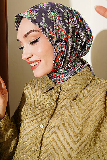 Retro Desen Elegance Eşarp Gri - Başörtüsü