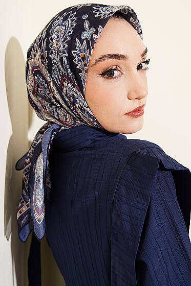 Retro Desen Elegance Eşarp İndigo - Başörtüsü