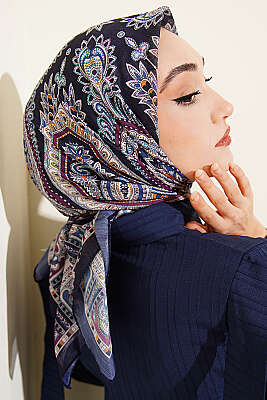 Retro Desen Elegance Eşarp İndigo - Başörtüsü