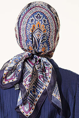 Retro Desen Elegance Eşarp İndigo - Başörtüsü