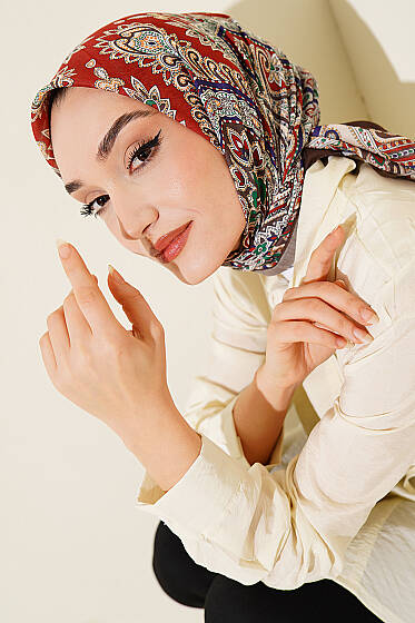 Retro Desen Elegance Eşarp Kahve - Başörtüsü