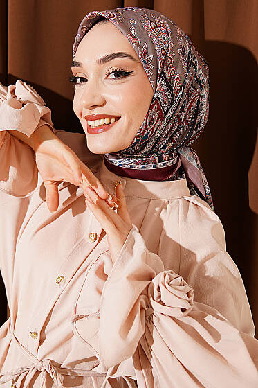 Retro Desen Elegance Eşarp Kestane - Başörtüsü