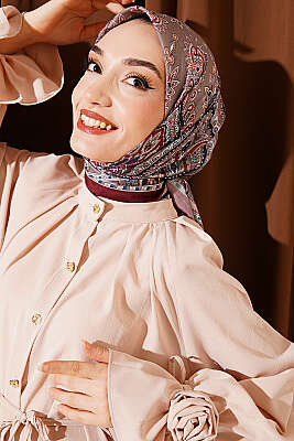 Retro Desen Elegance Eşarp Kestane - Başörtüsü