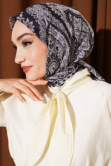 Retro Desen Elegance Eşarp Koyu Lacivert - Başörtüsü