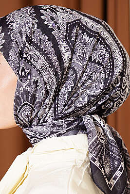 Retro Desen Elegance Eşarp Koyu Lacivert - Başörtüsü