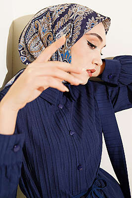 Retro Desen Elegance Eşarp Lacivert Bej - SİNEM EŞARP