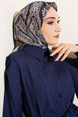 Retro Desen Elegance Eşarp Lacivert Bej - Başörtüsü