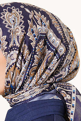 Retro Desen Elegance Eşarp Lacivert Bej - Başörtüsü