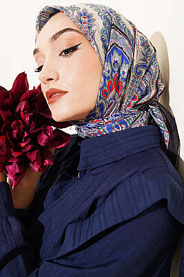 Retro Desen Elegance Eşarp Lacivert Gri - SİNEM EŞARP