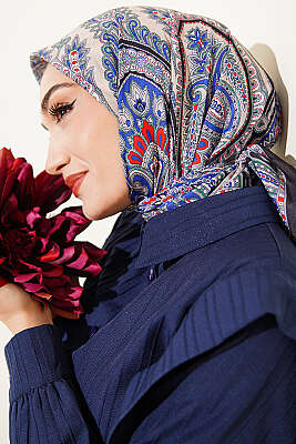 Retro Desen Elegance Eşarp Lacivert Gri - Başörtüsü