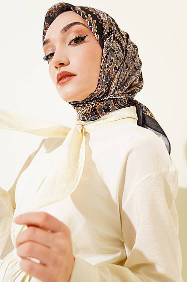 Retro Desen Elegance Eşarp Lacivert Sarı - Başörtüsü