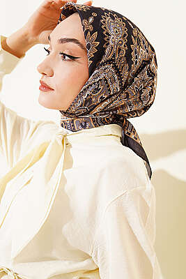 Retro Desen Elegance Eşarp Lacivert Sarı - Başörtüsü