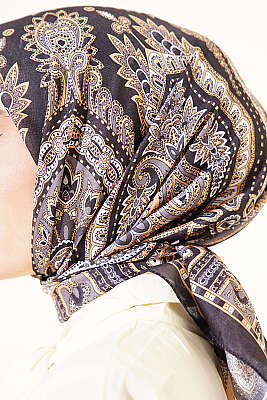 Retro Desen Elegance Eşarp Lacivert Sarı - Başörtüsü