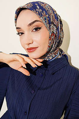 Retro Desen Elegance Eşarp Saks - SİNEM EŞARP