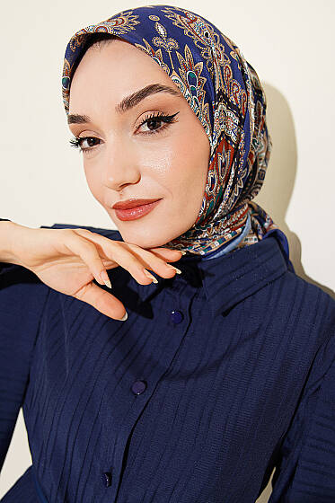 Retro Desen Elegance Eşarp Saks - Başörtüsü