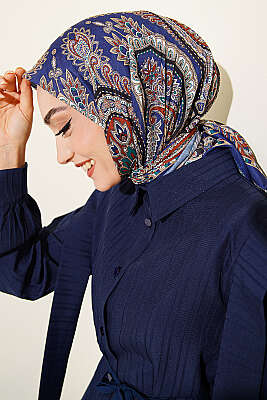 Retro Desen Elegance Eşarp Saks - Başörtüsü