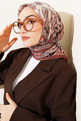 Retro Desen Elegance Eşarp Soft Kahve - SİNEM EŞARP