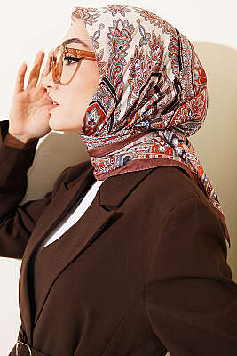 Retro Desen Elegance Eşarp Soft Kahve - Başörtüsü