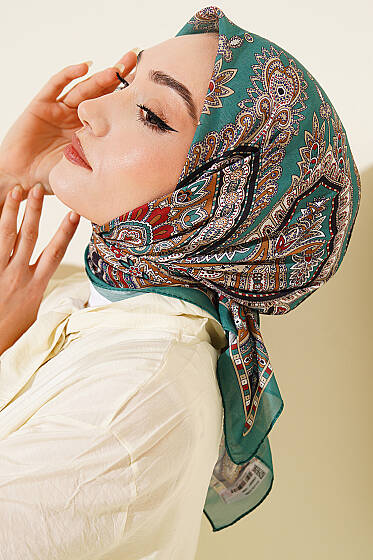 Retro Desen Elegance Eşarp Yeşil - Başörtüsü