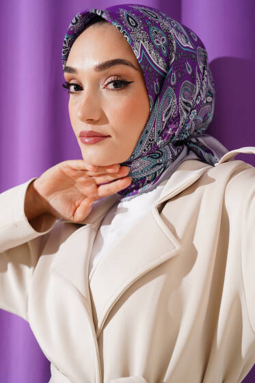 Retro Desen Eşarp Menekşe - Başörtüsü