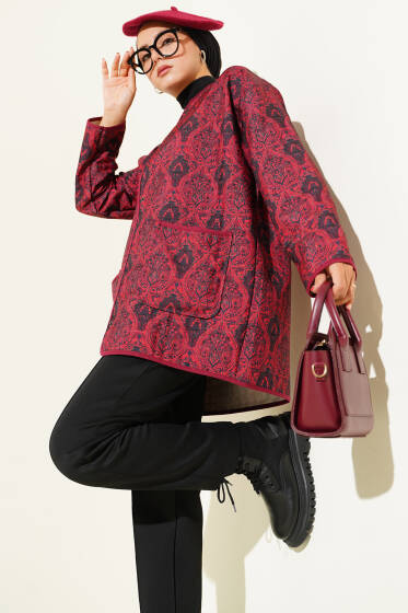 Retro Desen Kapitone Ceket Bordo - Ceket