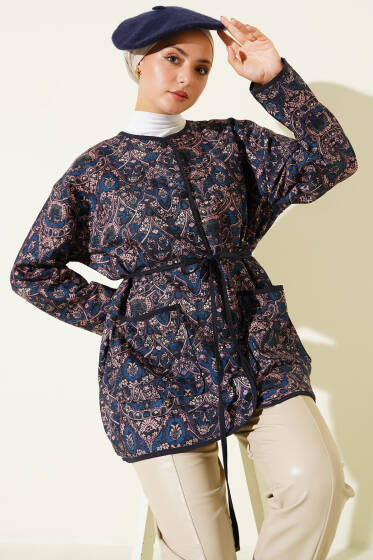 Retro Desen Kapitone Ceket Lacivert - Ceket